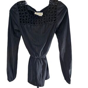 Vintage 70s Rag Dolls Shirt Womens Size XS Black Tie Back Lattice Neckline Disco